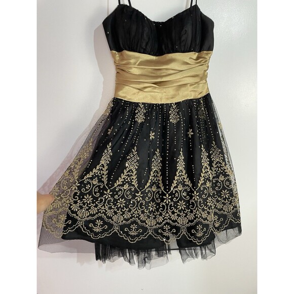 Vtg Y2K Dress 3/4 Black Gold Floral Mini Babydoll Whimsigoth Fairygrunge Mesh - Picture 2 of 15